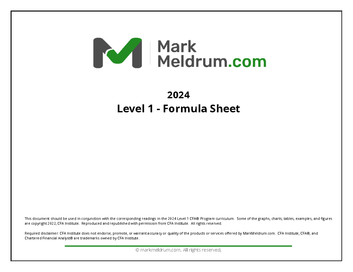 CFA L1 Final Exam Formula Sheet - Key Concepts