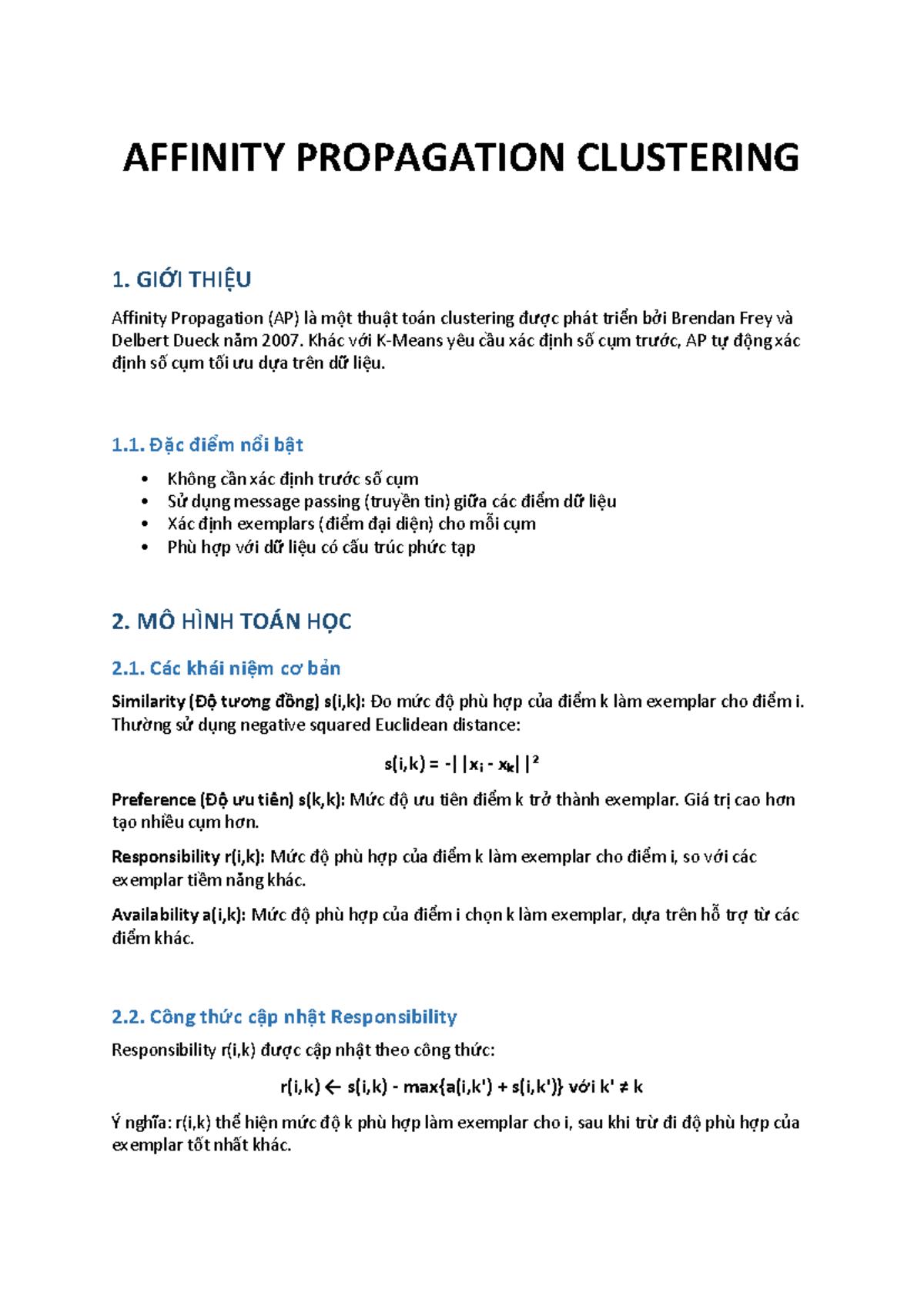 DTh U-KHMT-Affinity - Thuật Toán Clustering Affinity Propagation - Studocu