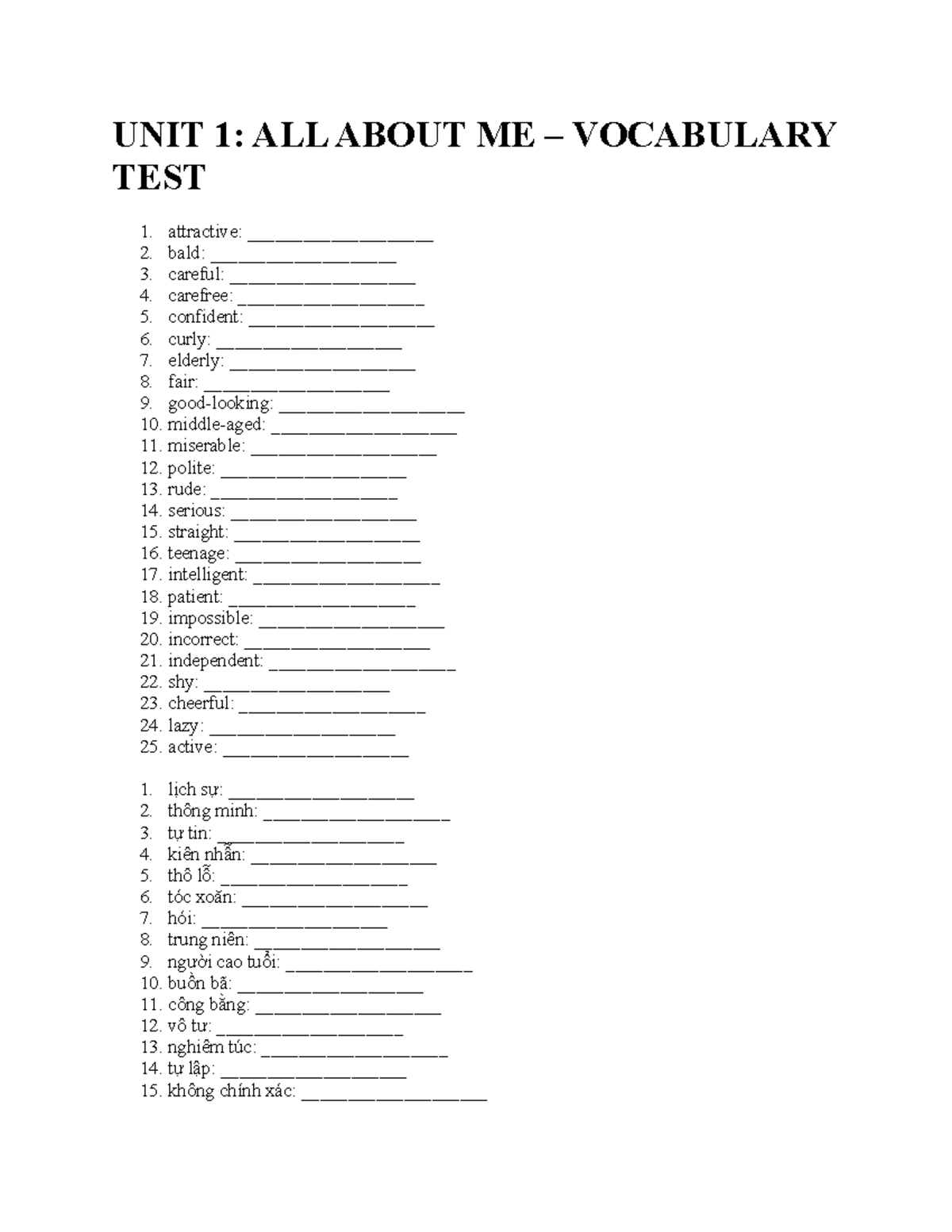 UNIT 1: VOCABULARY TEST - ALL ABOUT ME - Studocu
