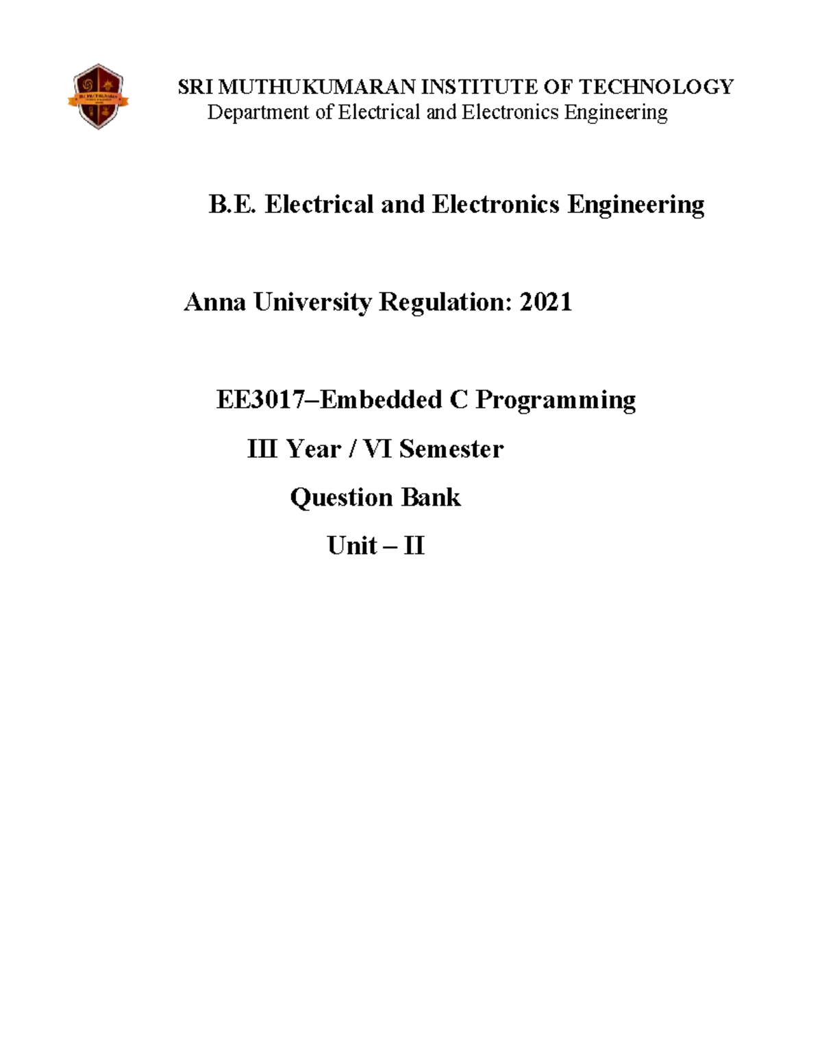 Unit II Question Bank for EE3017: C Programming Essentials - Studocu