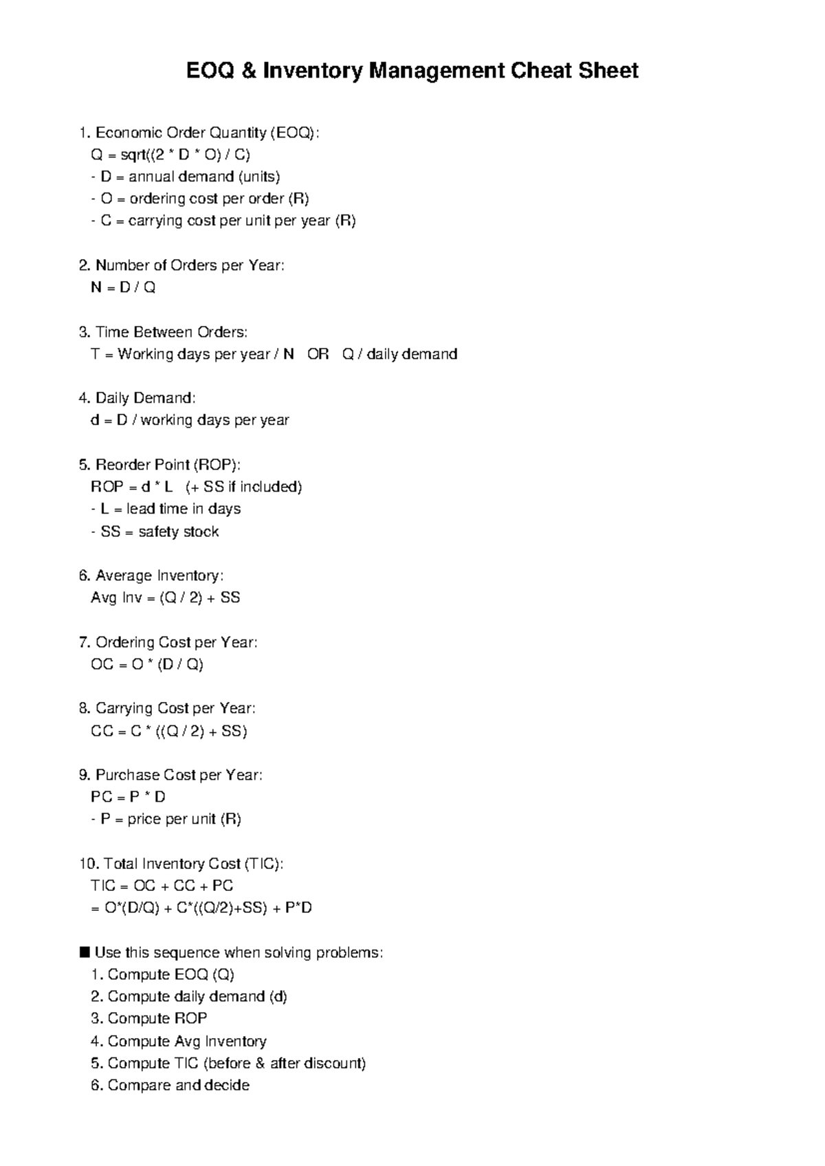 EOQ Inventory Management Cheat Sheet: Key Formulas & Calculations - Studocu