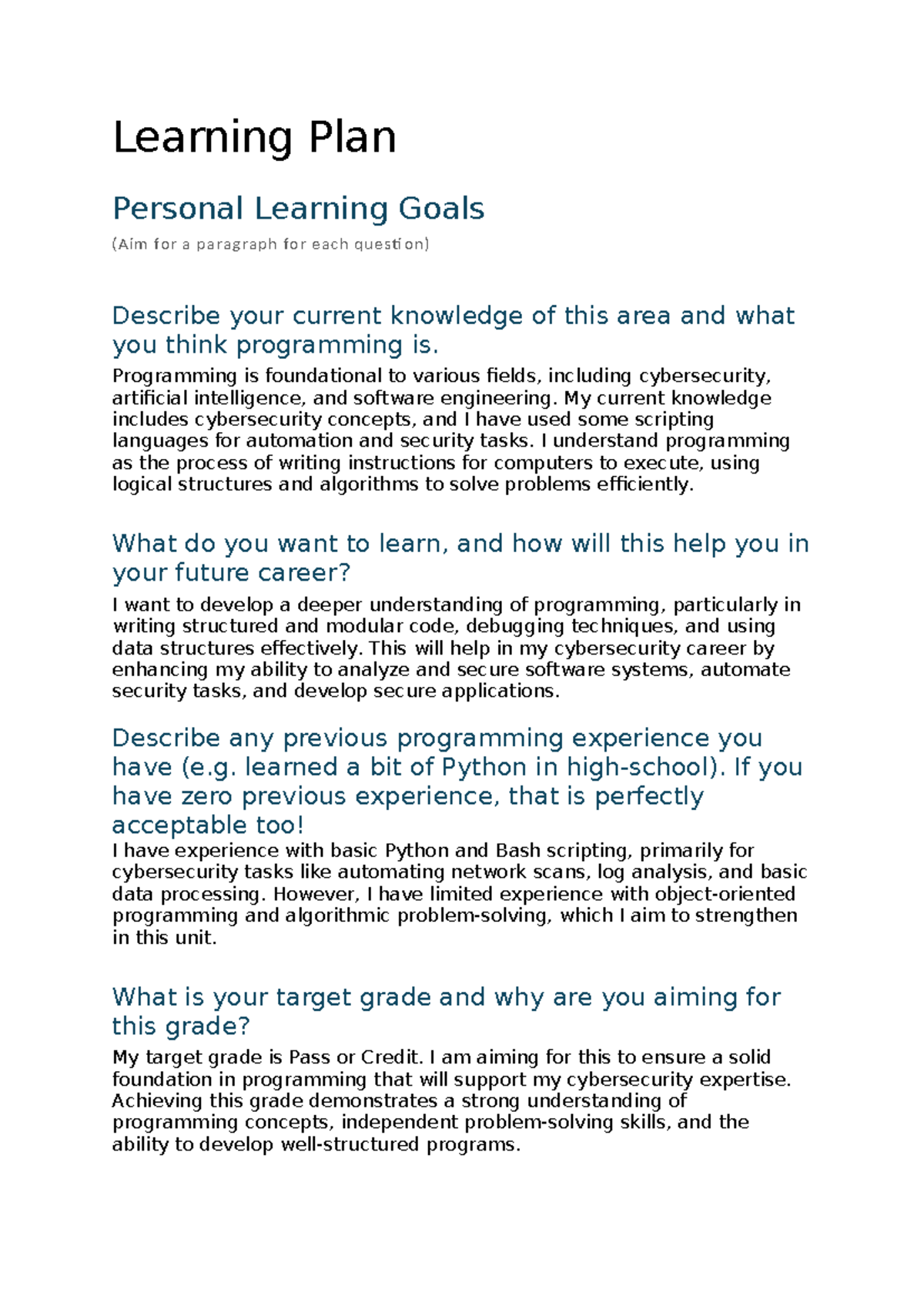 SIT102 P1 - Personal Learning Goals and Programming Development Plan ...