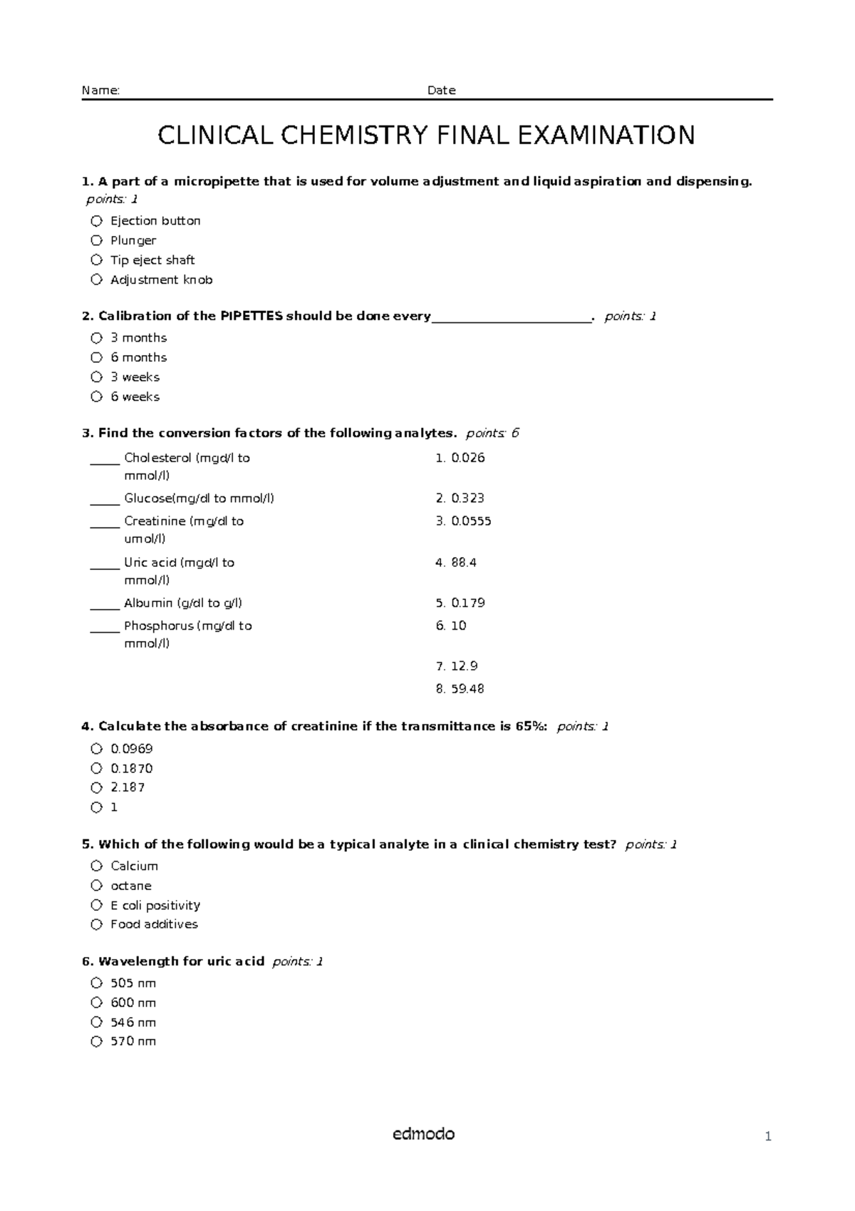 Clinical Chemistry Final Exam Review (Course Code: CC 101) - Studocu