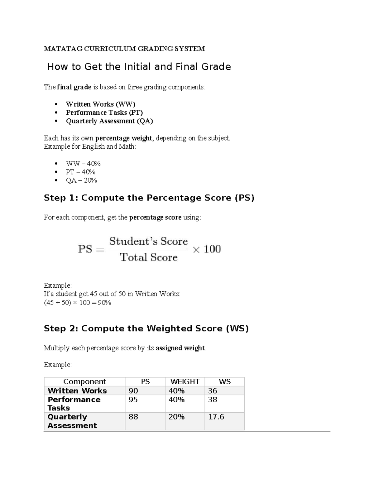 MATATAG CURRICULUM: Grading System & Final Grade Calculation - Studocu