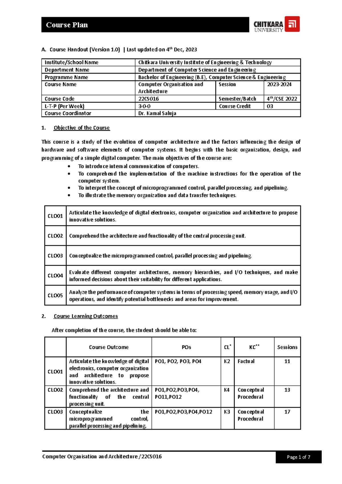 Computer Organization and Architecture Course Handout 22CS016 - Studocu