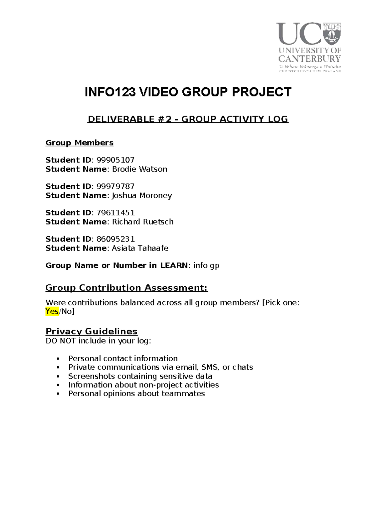 INFO123 Video Group Project Deliverable: Activity Log Template - Studocu