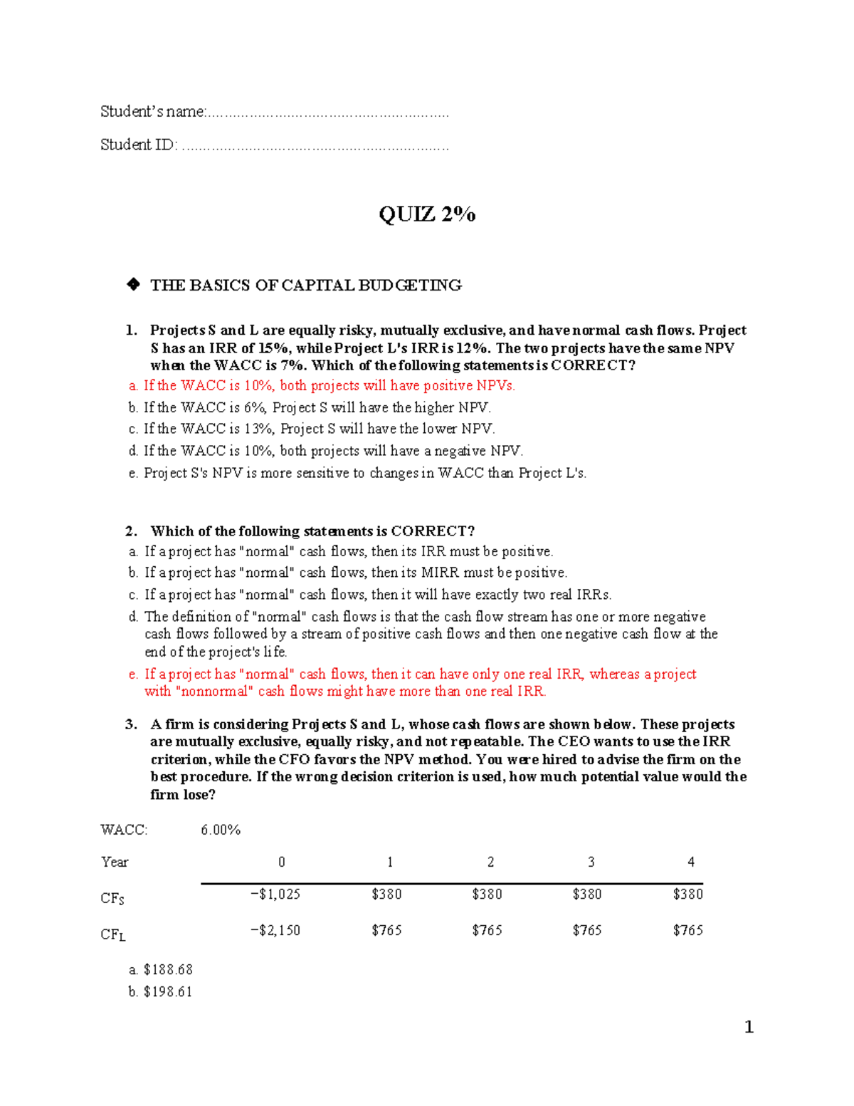 Quiz 2 - Practice Questions on Capital Budgeting Concepts - Studocu