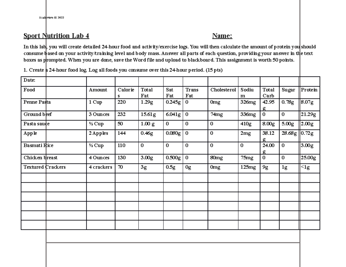 Lab 4 Protein - Lab - Sport Nutrition Lab 4 Name: In this lab, you will ...