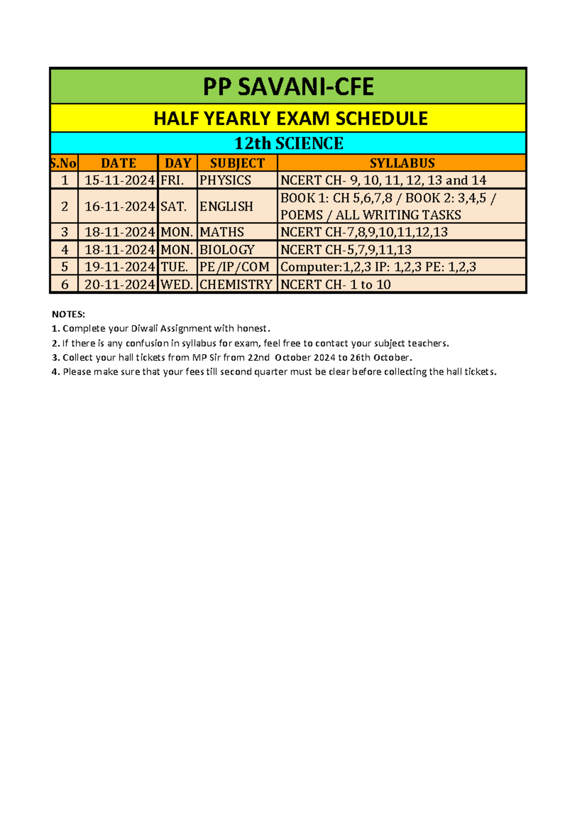 12th Science Half Yearly Exam Schedule - Nov 2024 - Studocu