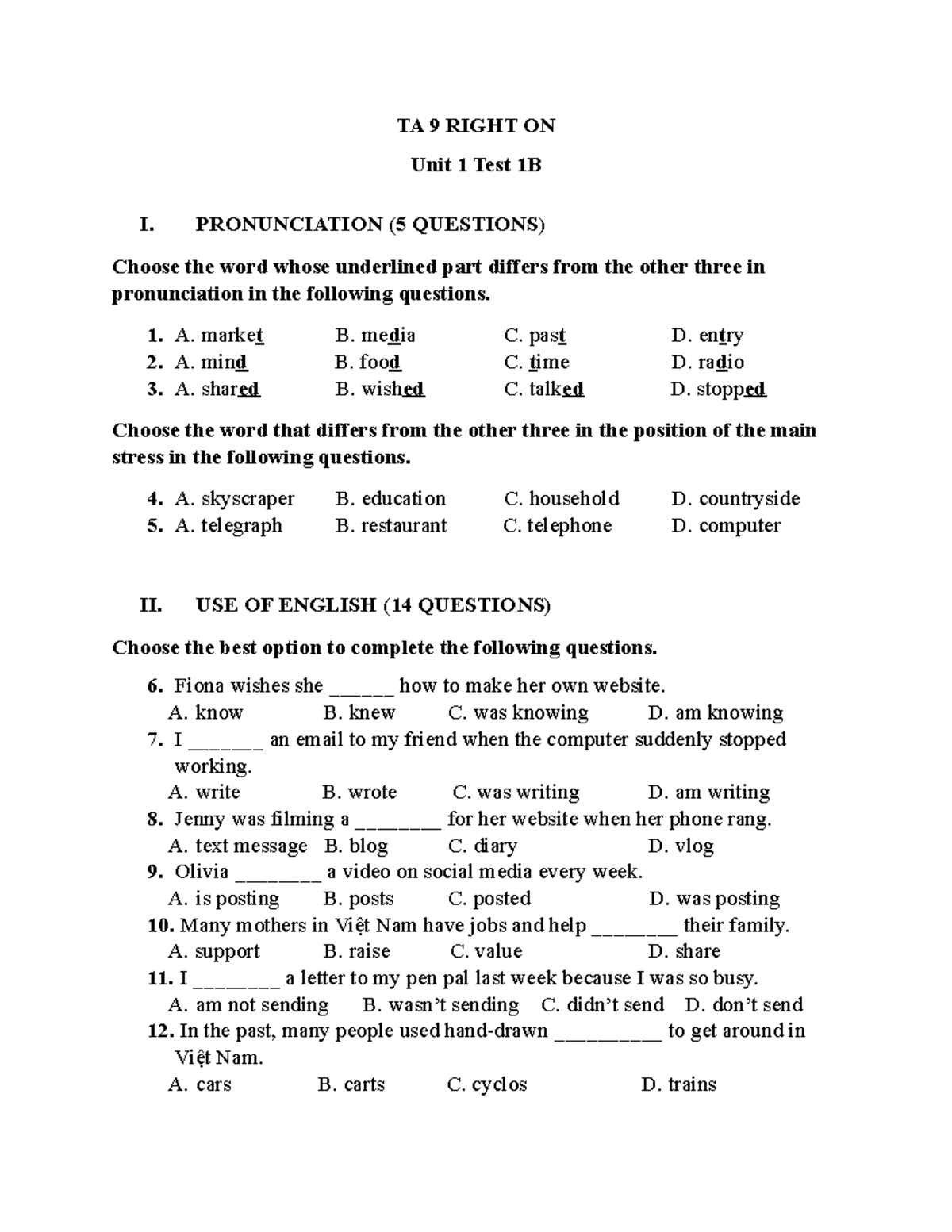 Right On 9 Unit 1 Test B - asigniment unit 1 2025 - TA 9 RIGHT ON Unit ...