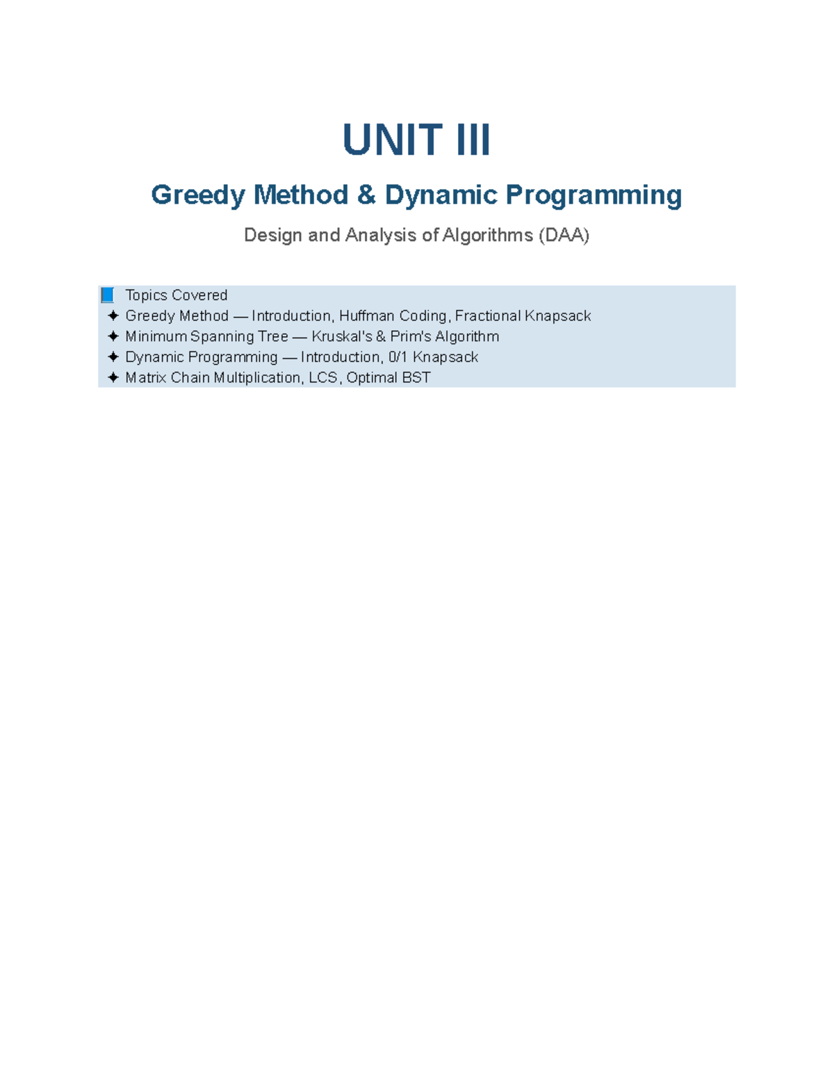 DAA 3: Comprehensive Notes on Greedy & Dynamic Programming Methods ...