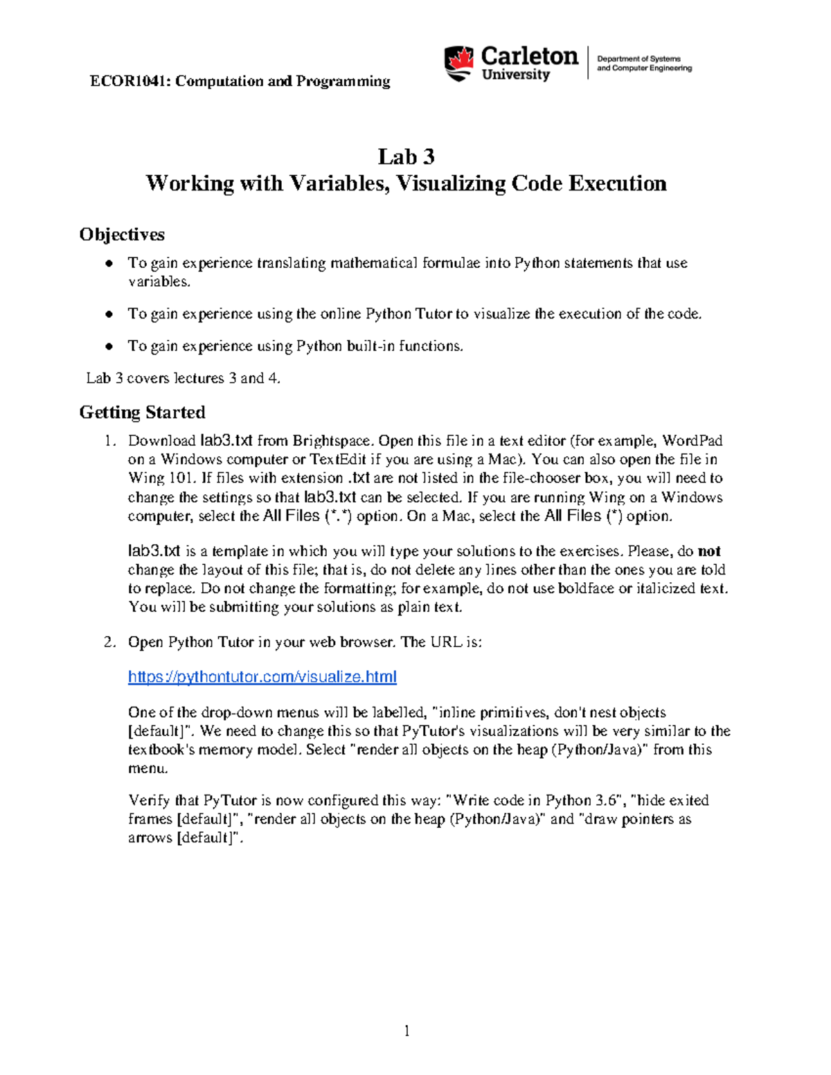 ECOR1041: Lab 3 - Working with Variables & Code Visualization - Studocu