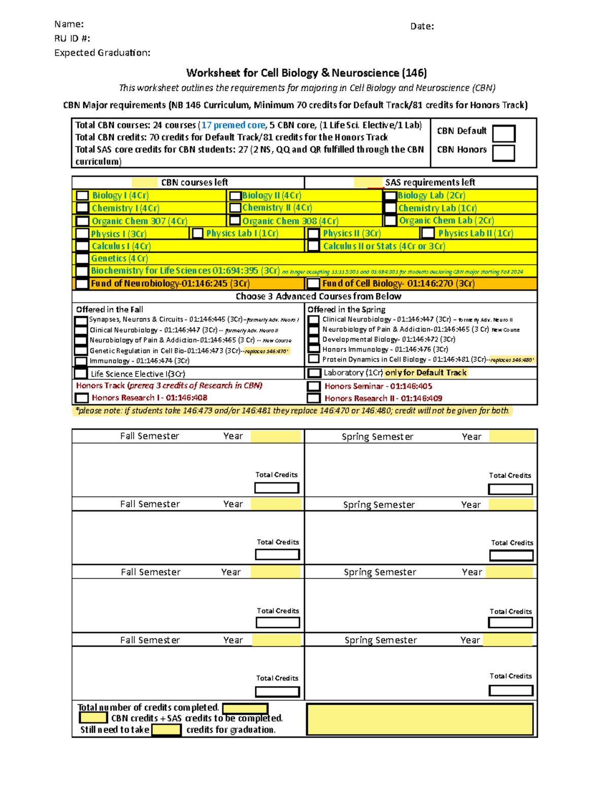 CBN 146 Course Planning Worksheet Checklist for Graduation Requirements ...