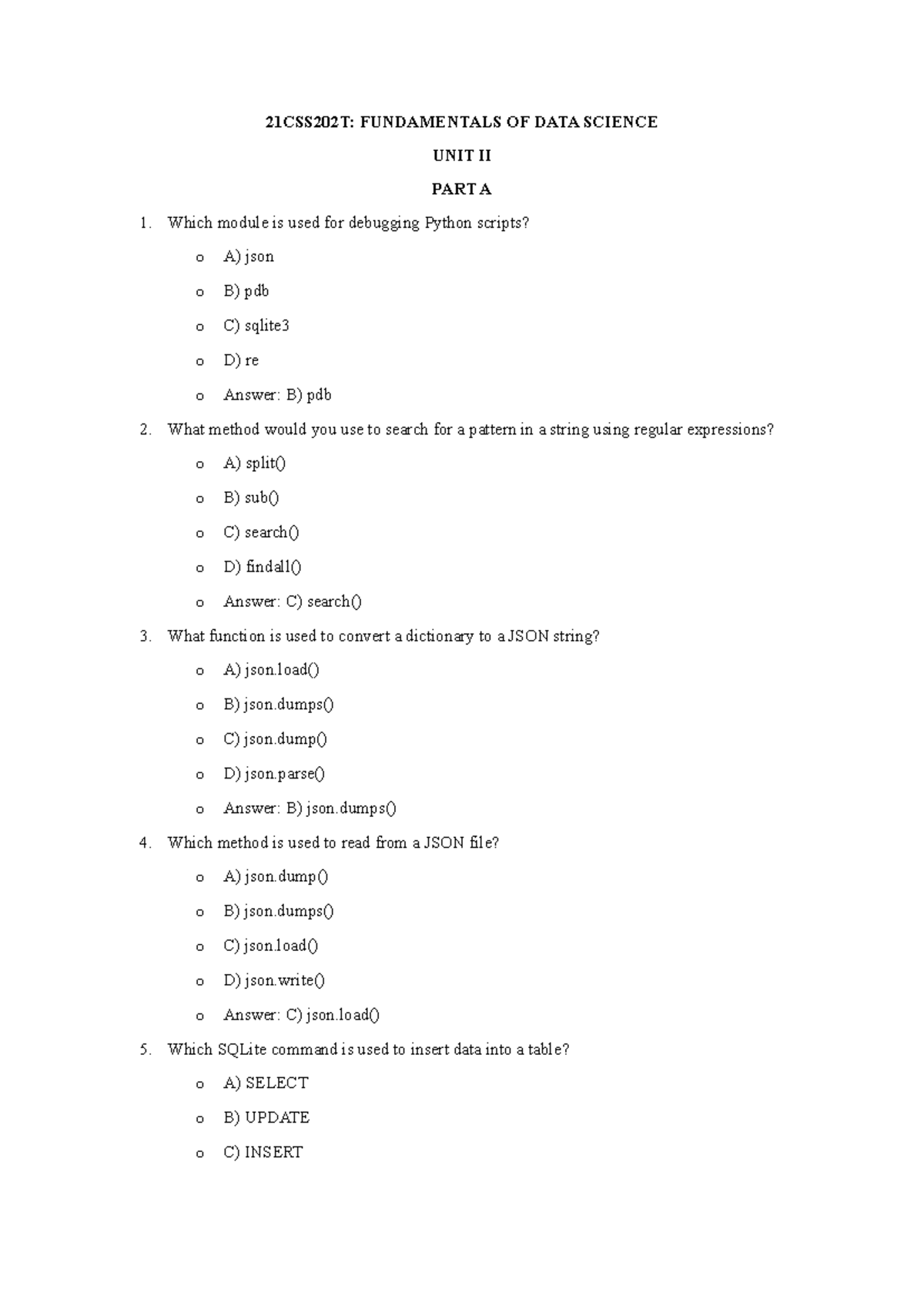 21CSS202T: UNIT 2 QUESTION BANK FOR FUNDAMENTALS OF DATA SCIENCE - Studocu