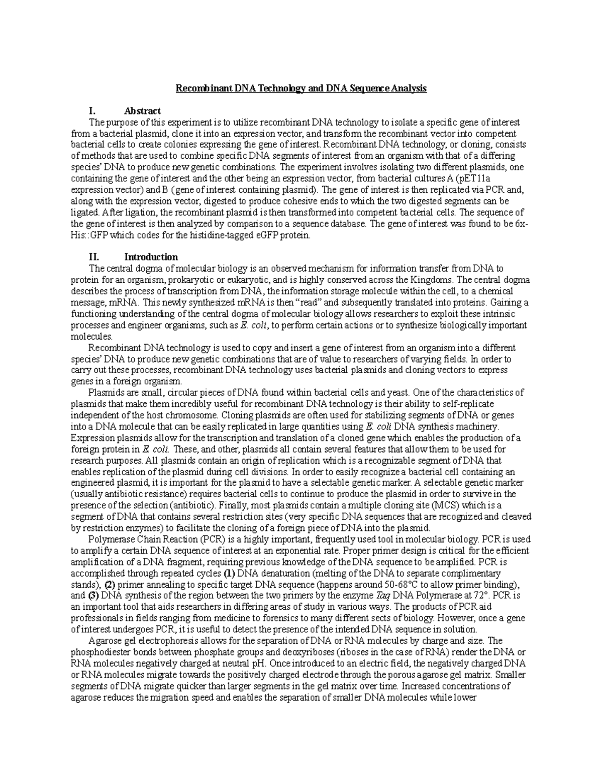 Recombinant DNA Technology Lab Report: Gene Cloning and Sequencing ...