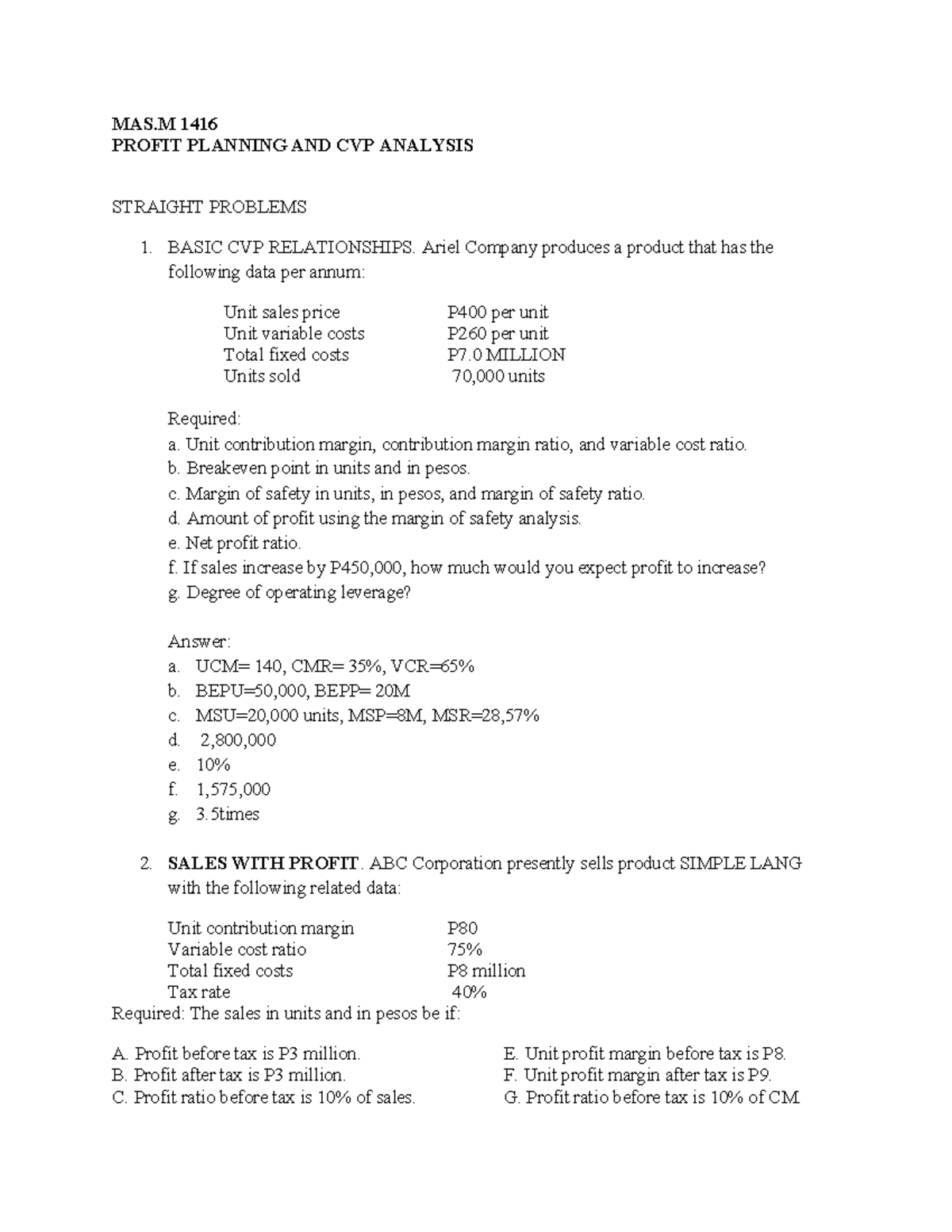 MAS.M 1416 Profit Planning and CVP Analysis: Key Concepts and Problems ...