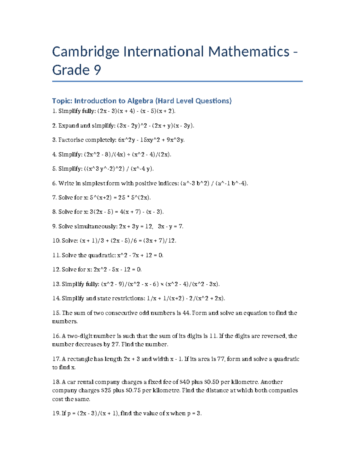 Grade 9 Math: Hard Algebra Questions & Solutions - Studocu