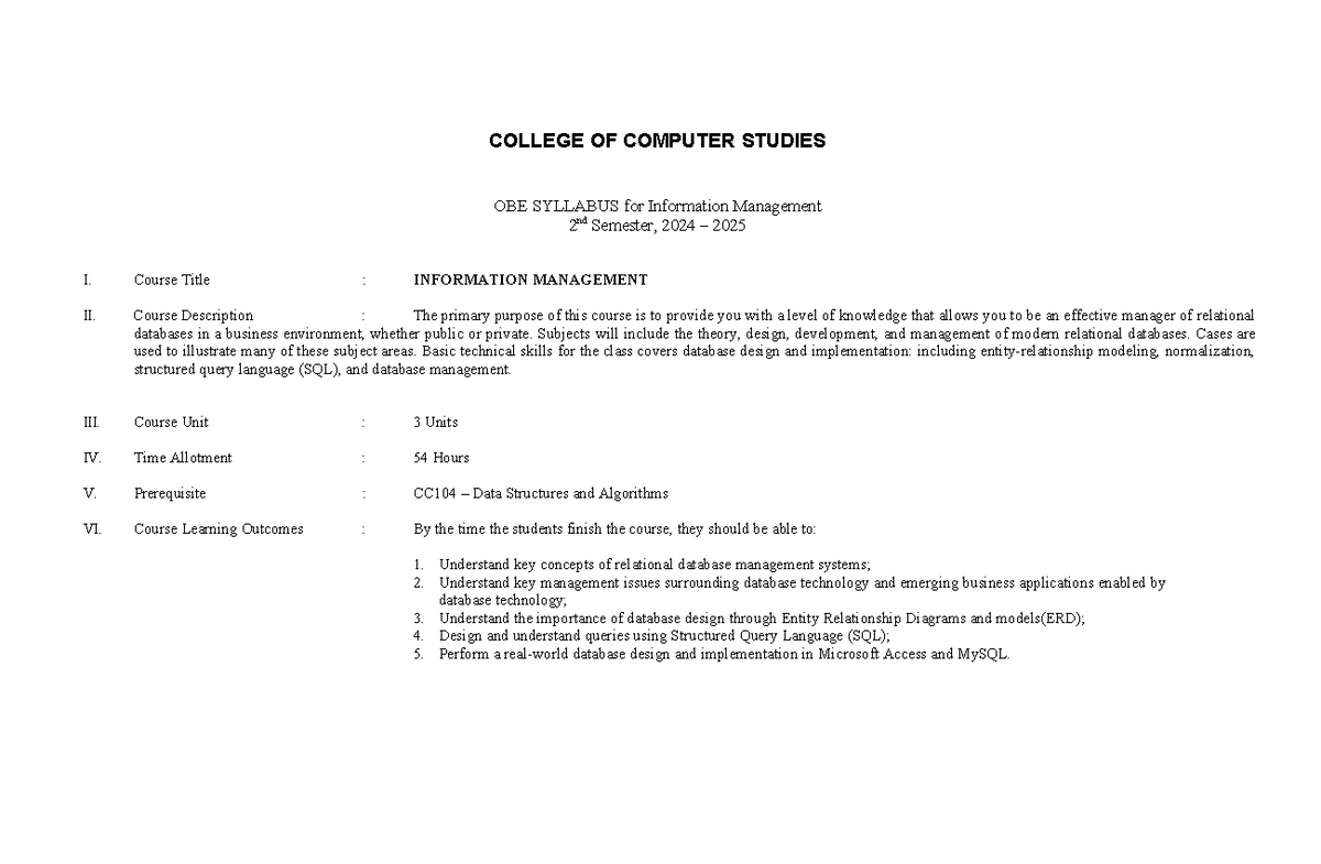 CC105 INFORMATION MANAGEMENT OBE SYLLABUS 2nd Sem 2024-2025 - Studocu