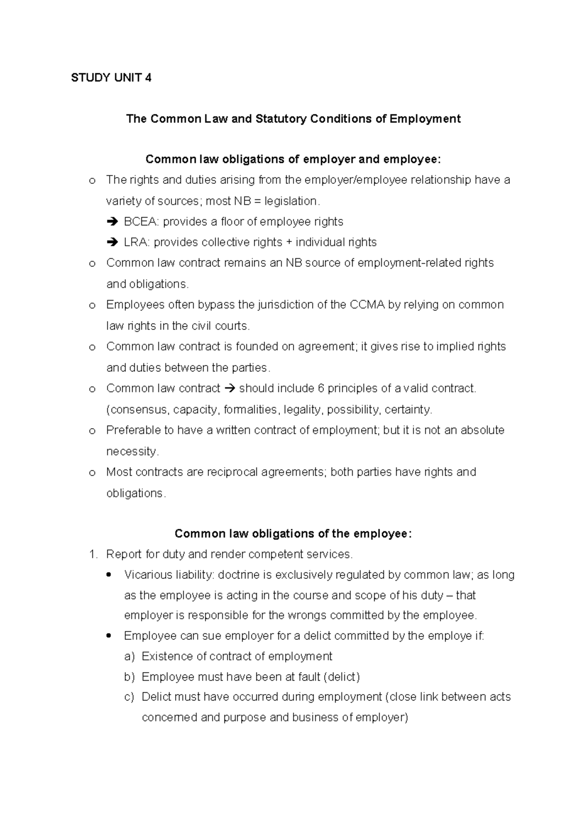 Study Unit 4: Common Law & Statutory Conditions of Employment - Studocu