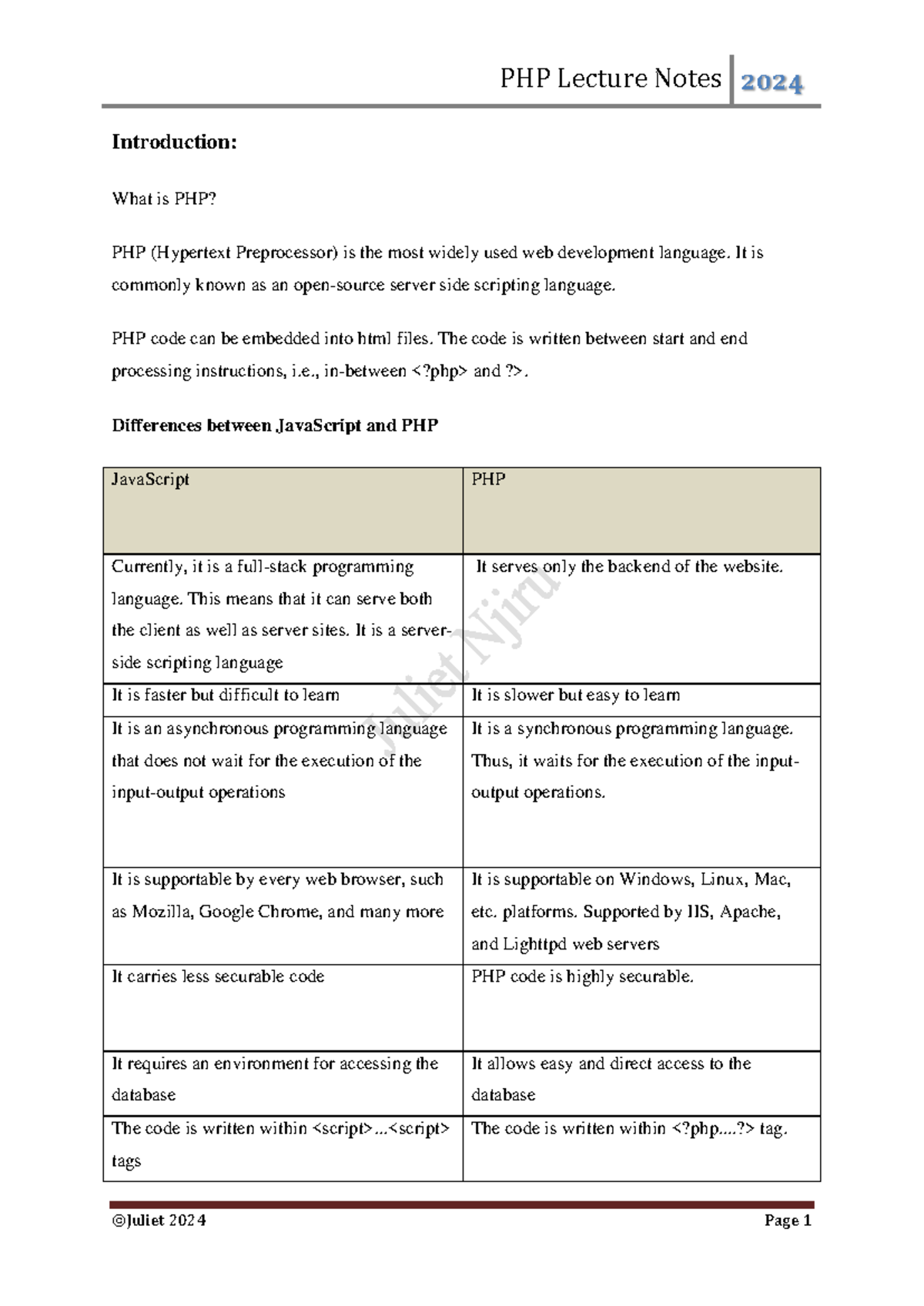 PHP Programming Intro Lecture Notes: Key Concepts and Exercises - Studocu