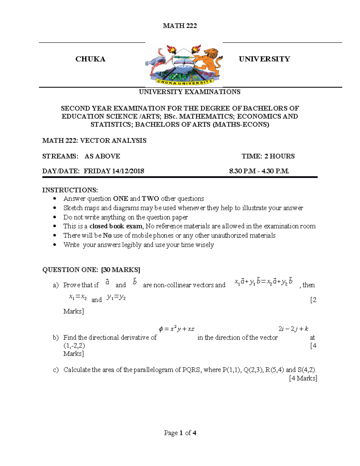 MATH 222 - Final Exam Paper on Vector Analysis - Chuka University - Studocu