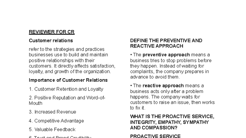 Reviewer for CR: Customer Relations Strategies and Practices - Studocu