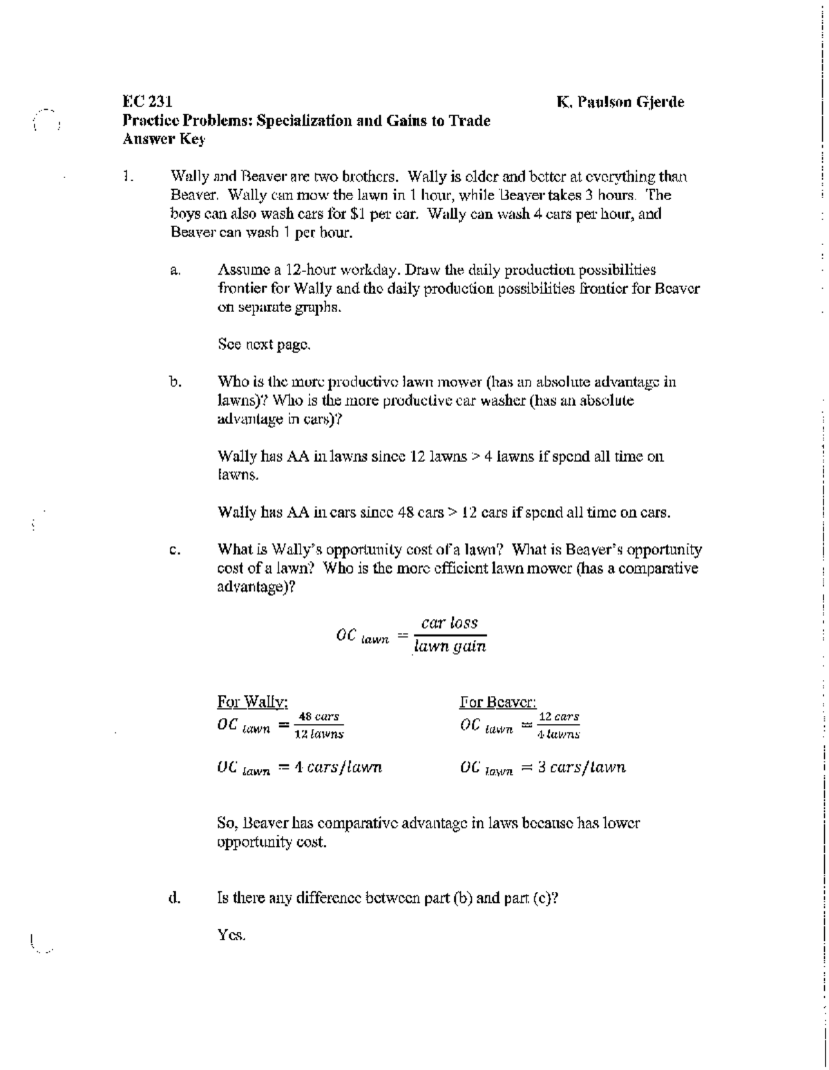 EC 231 Practice Problems: Specialization & Gains from Trade Key - Studocu