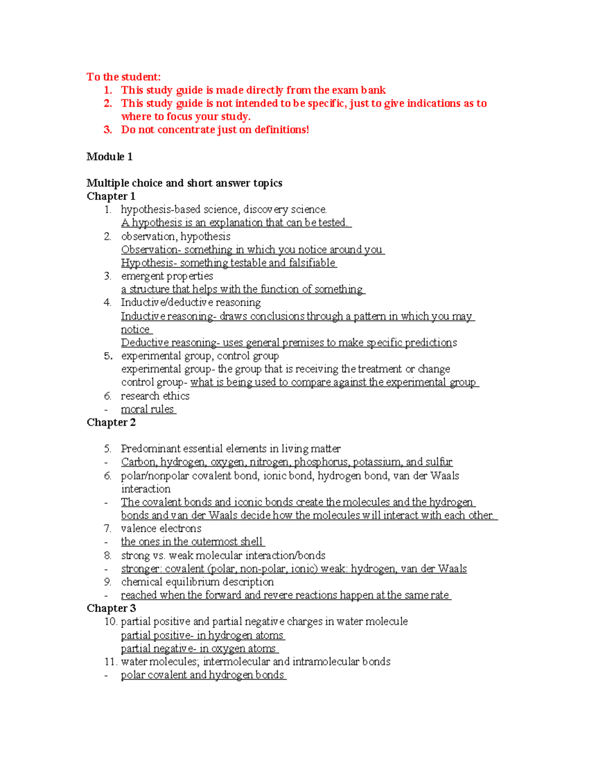 Biology Study Guide: Exam Prep for Module 1 & Ch. 1-4 - Studocu
