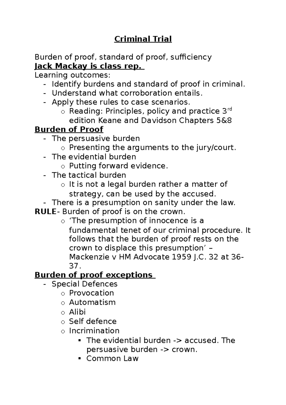 Evidence Law - Lecture 2: Burden of Proof in Criminal Trials - Studocu