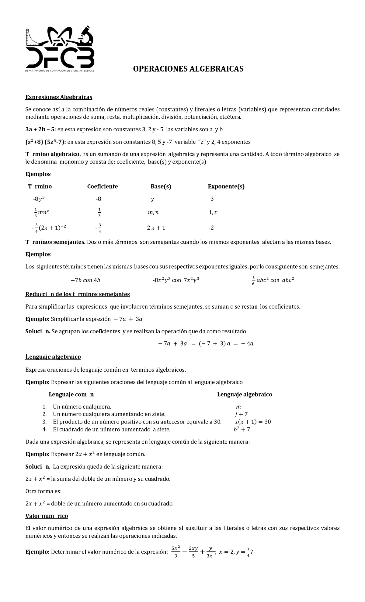 Material Curso Propedéutico: Operaciones Algebraicas y Ejercicios - Document Preview