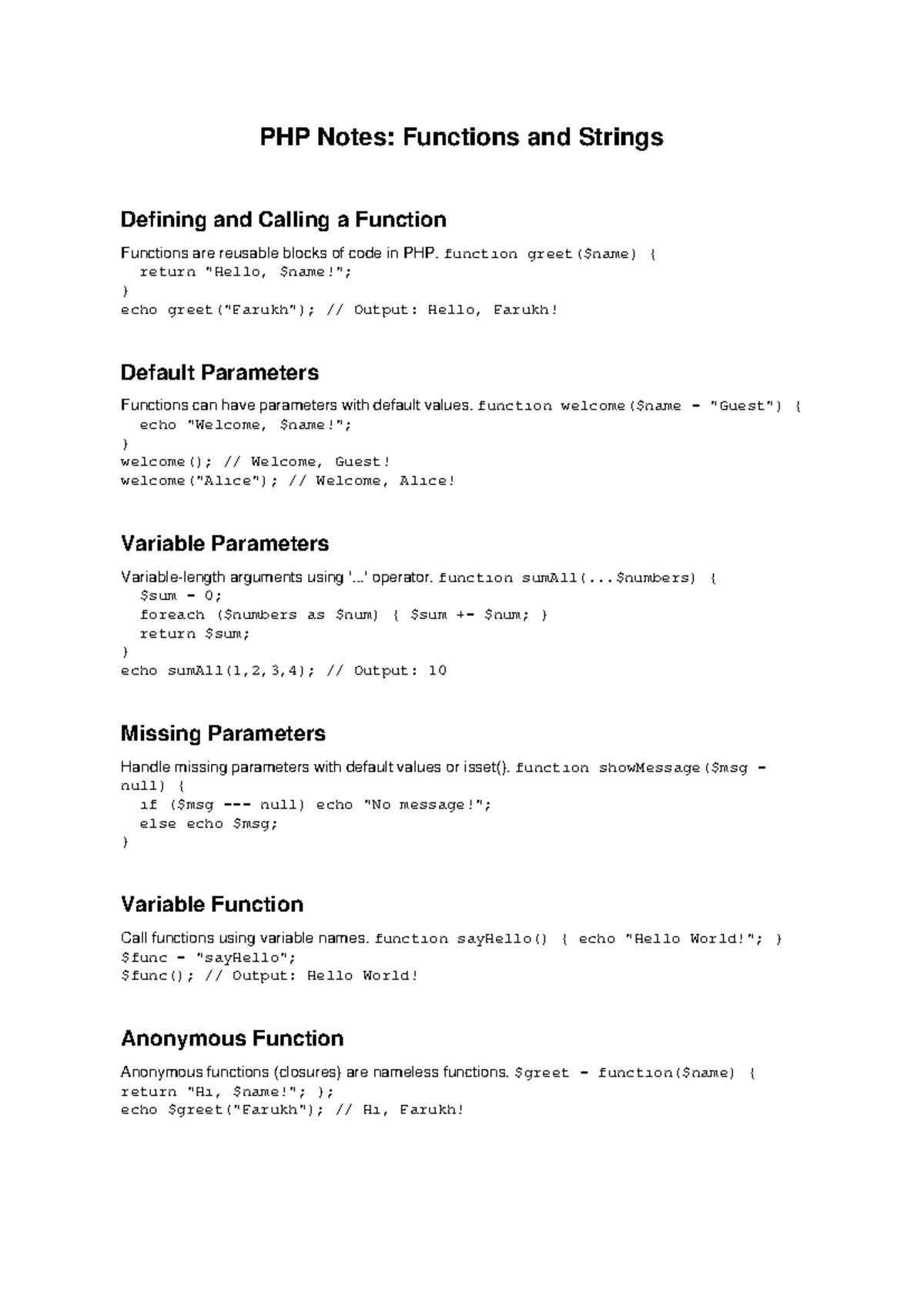 PHP Notes: Functions & Strings Overview and Usage - Studocu