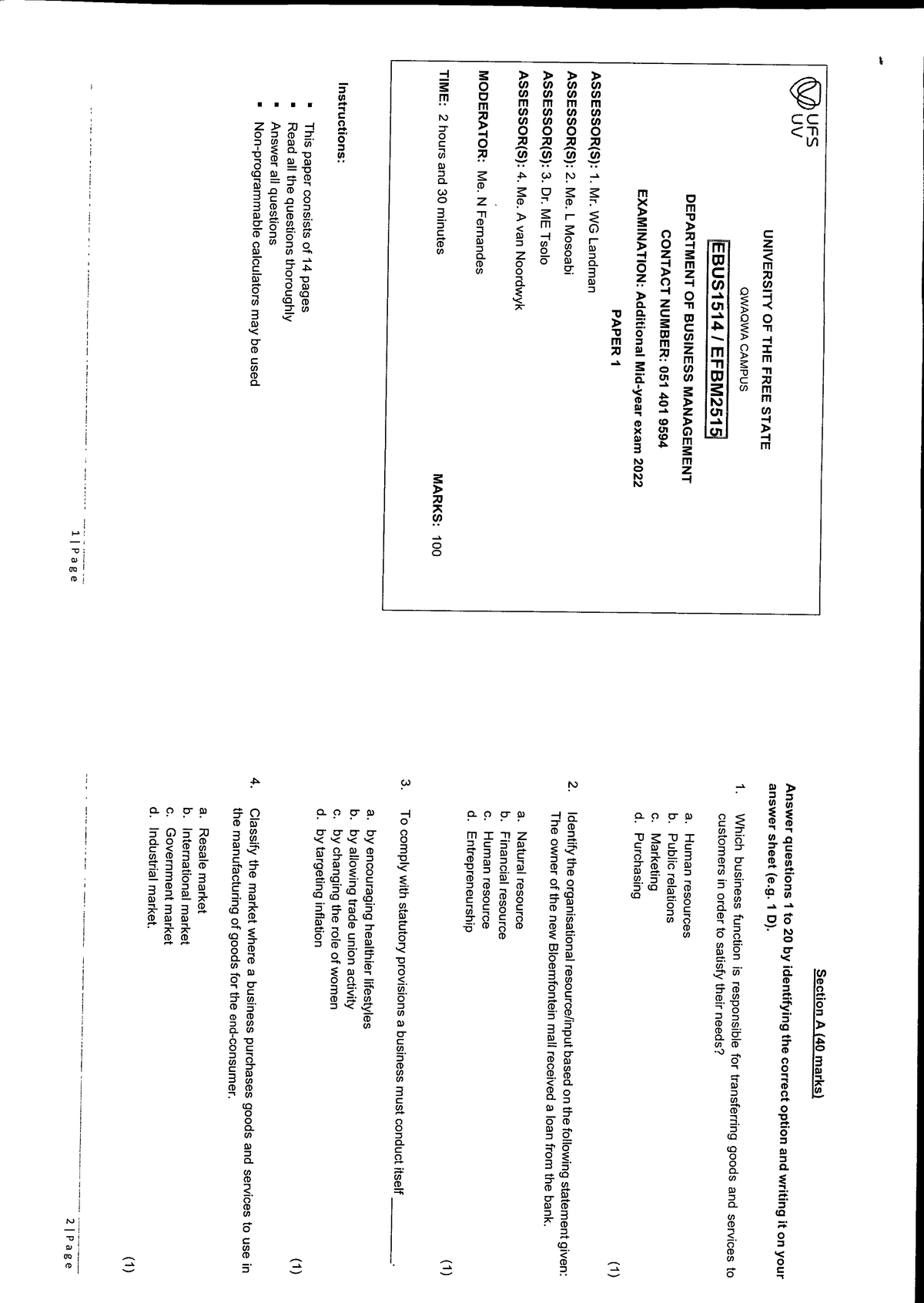 UFS EBUS1514 Final Exam Paper 1: Business Management Questions 1-20 ...