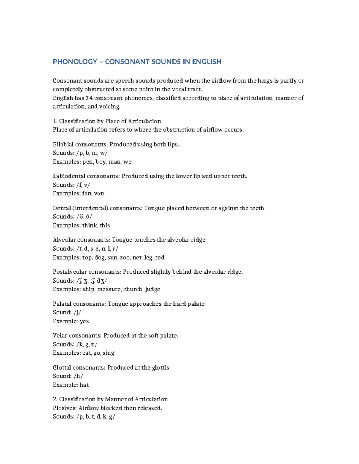 PHO 101: Consonant Sounds in English Phonology Overview - Studocu