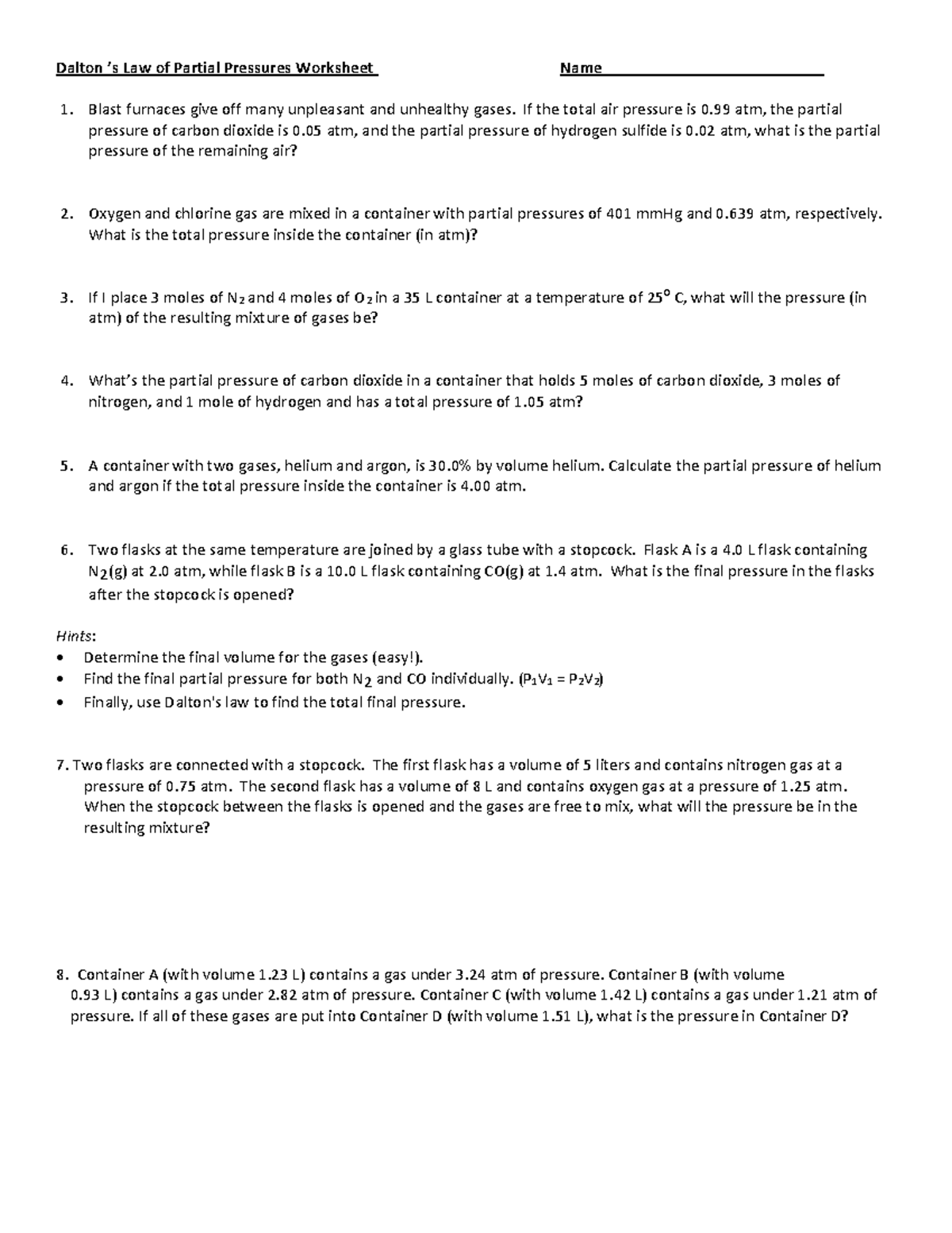 Dalton's Law of Partial Pressures Worksheet - Sample Problems and ...