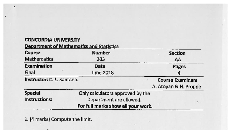 MATH 203 Final Exam Solutions - June 2018 - Studocu