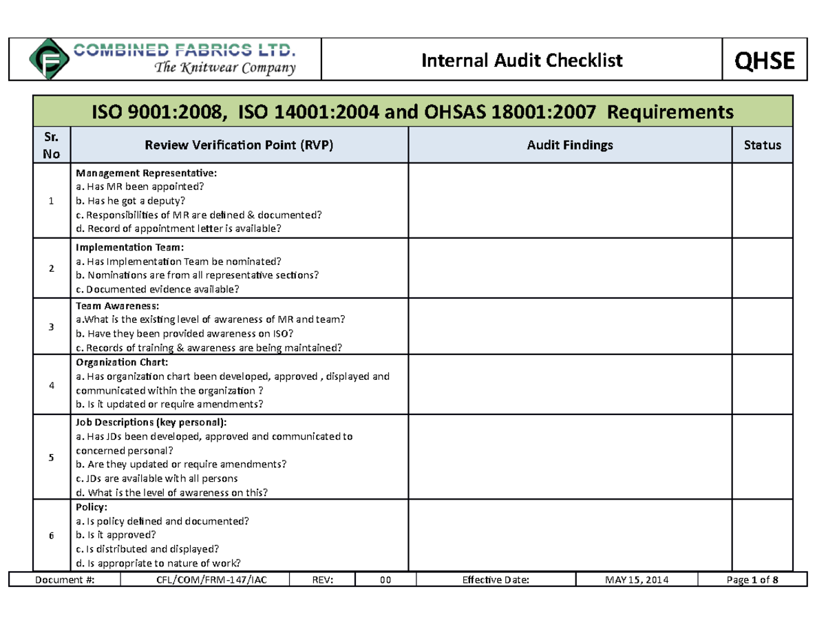 Internal Audit Checklist: Iso 9001, 14001 And Osha Requirements ...