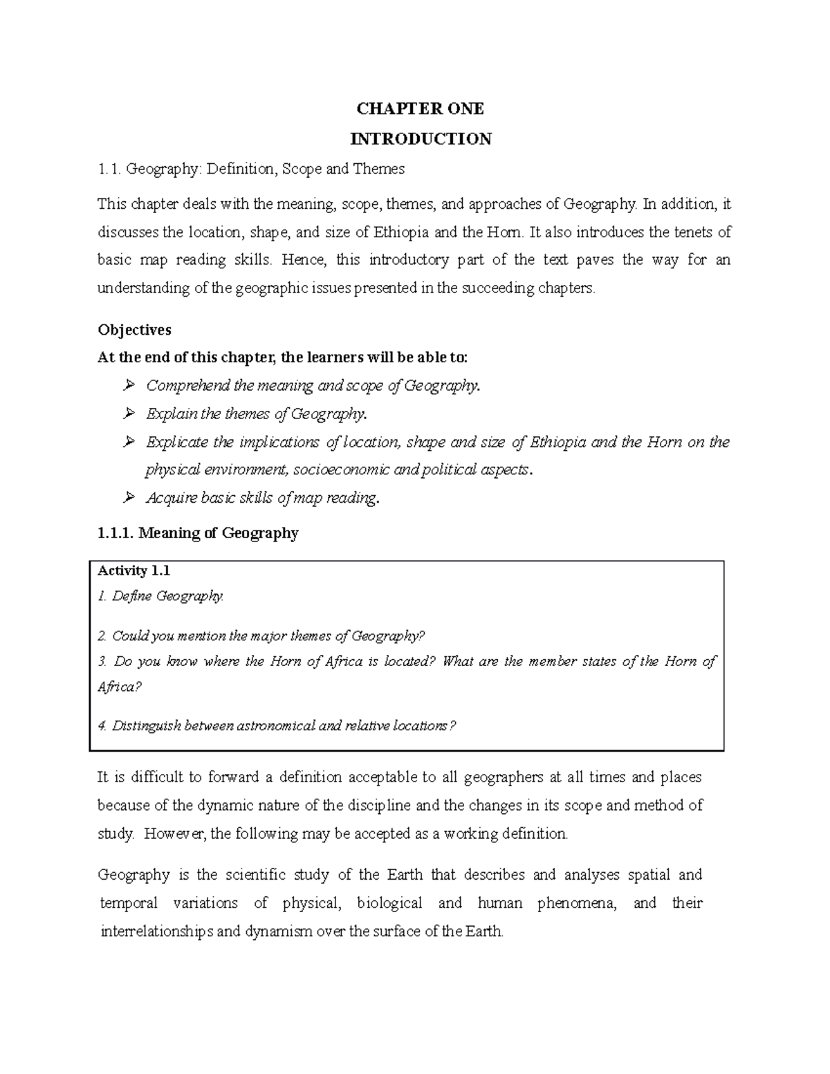 Chapter 1: Intro to Geography & Ethiopia's Geographical Aspects - Studocu