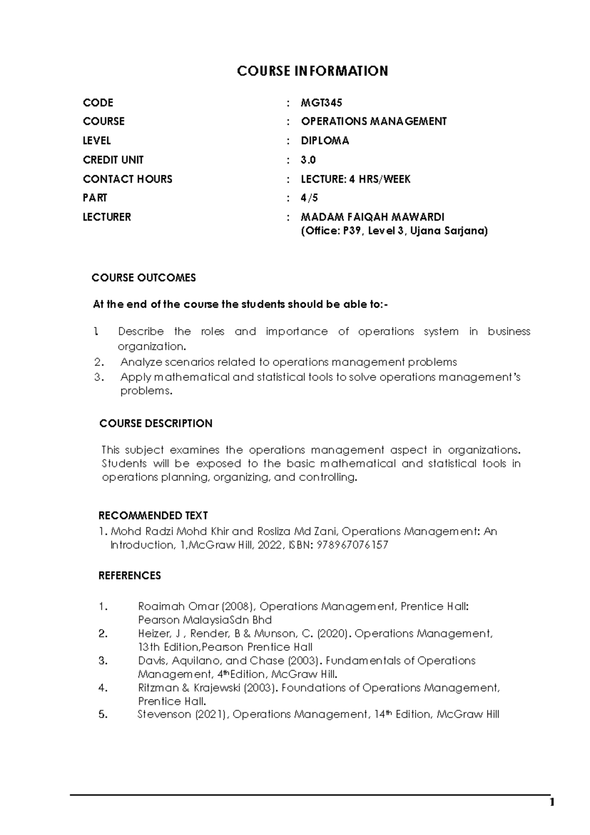 MGT345 Operations Management Course Info & Outcomes (Oct25 - Feb26 ...
