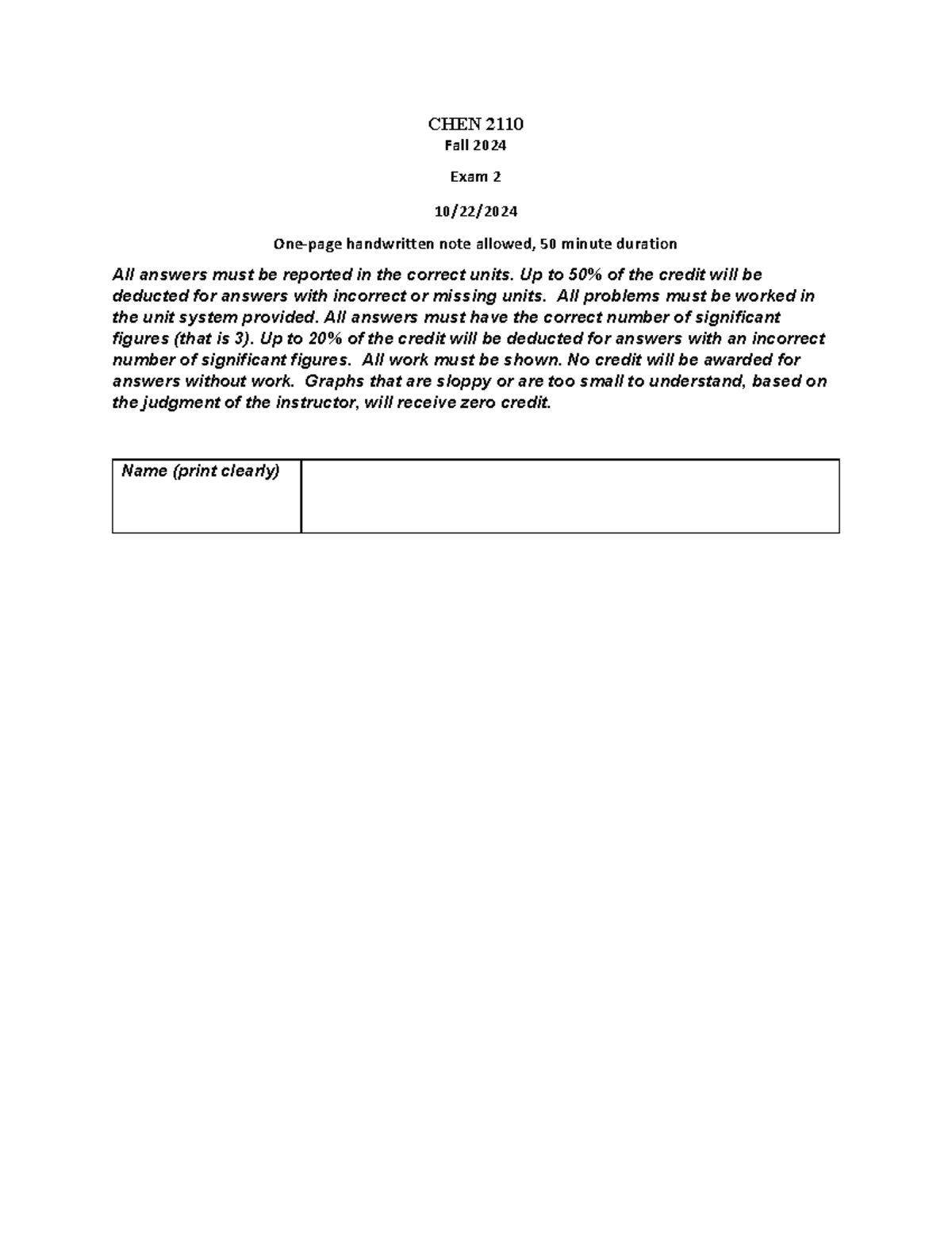 CHEN 2110 Exam 2 Study Notes with Answer Key (Fall 2024) - Studocu