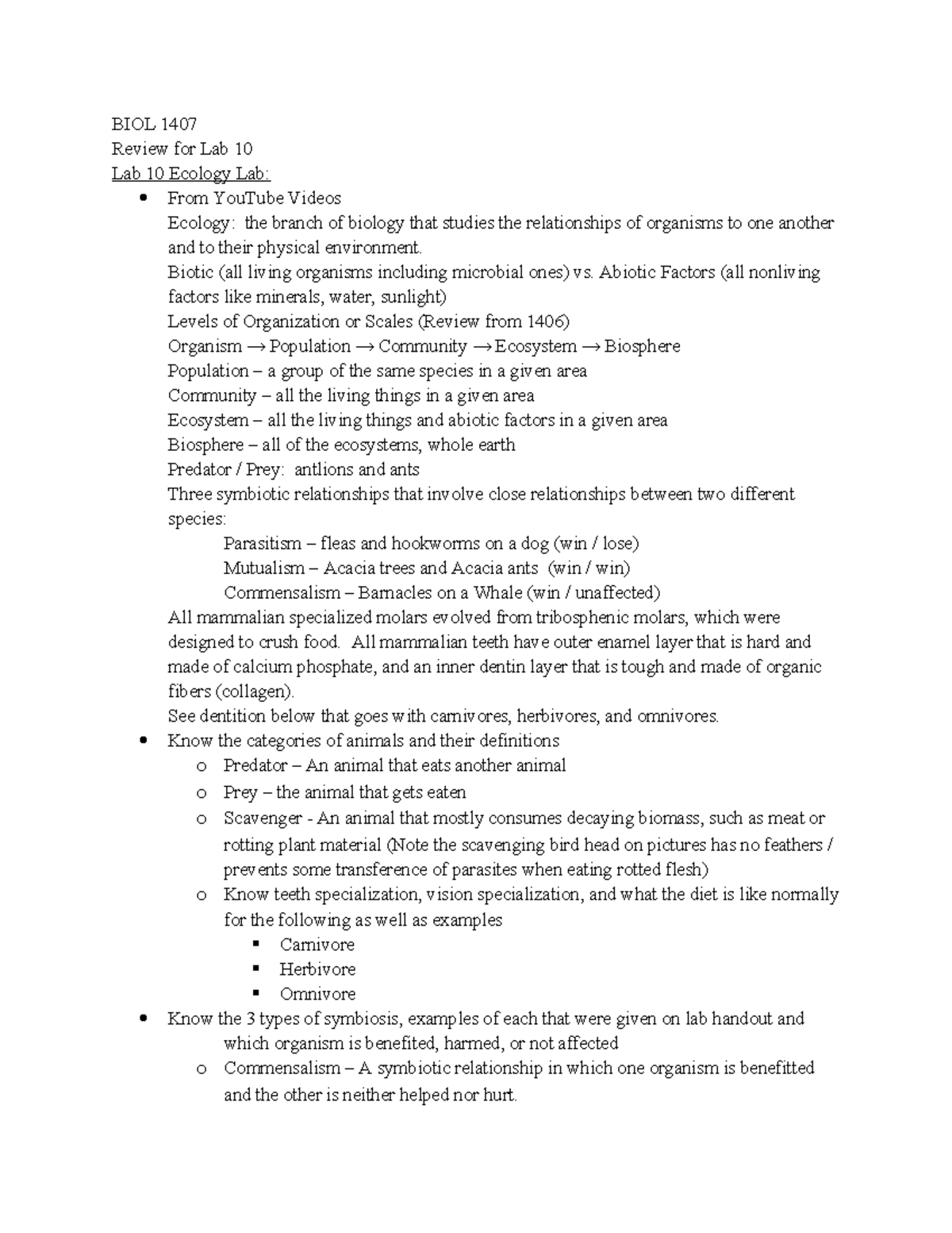 BIOL 1407 Lab 10 Review: Ecology, Symbiosis & Animal Adaptations - BIOL ...