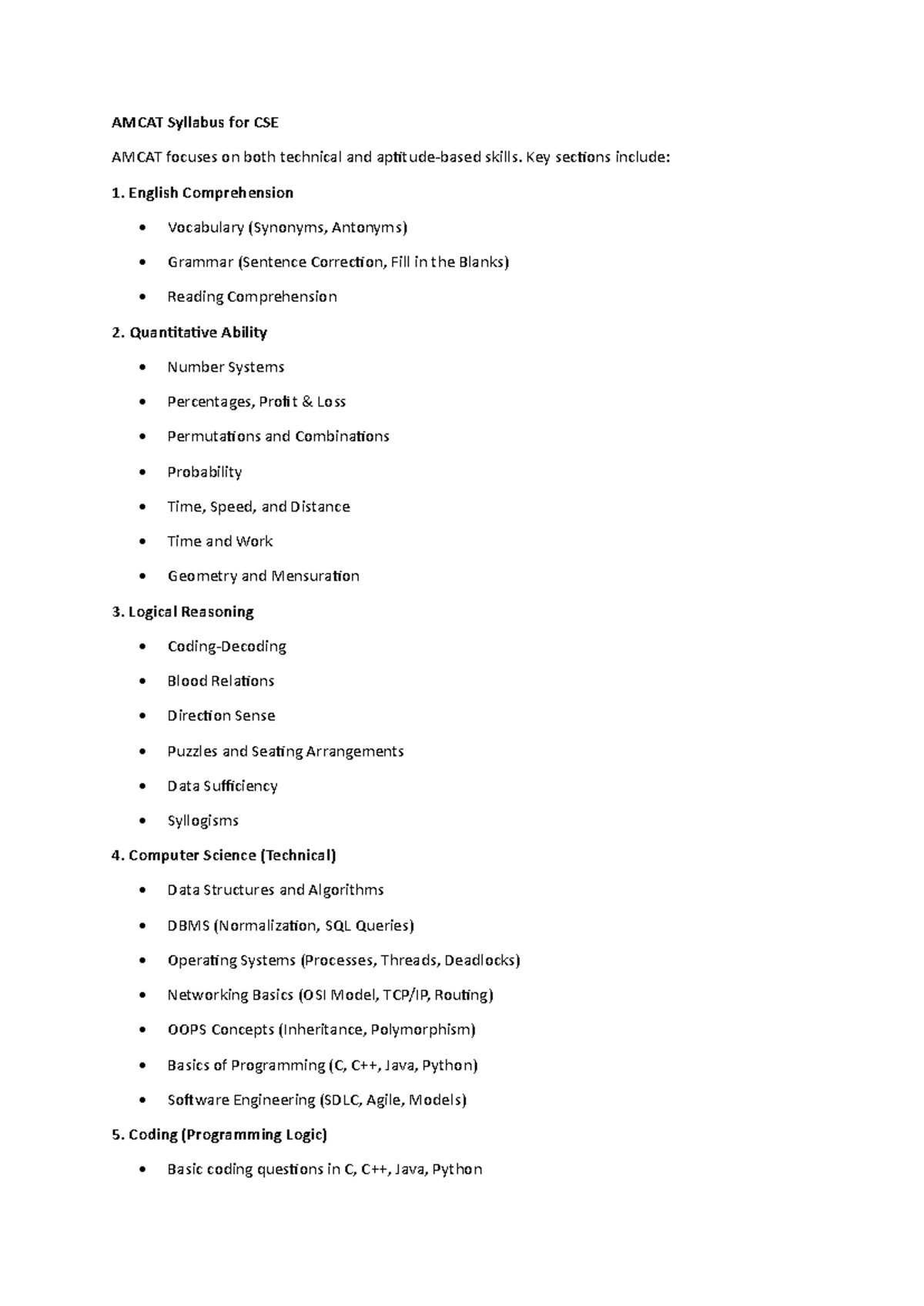 AMCAT & SHL Syllabus for CSE: Technical & Aptitude Overview - Studocu