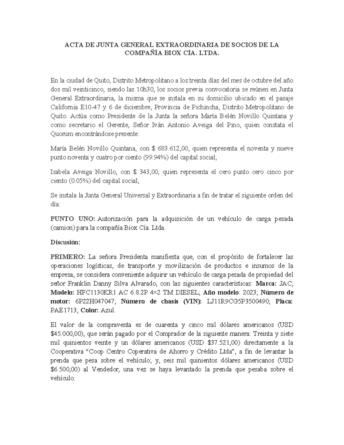 Acta de Junta General Extraordinaria - Compra de Vehículo Biox Cía. LTDA. - Document Preview