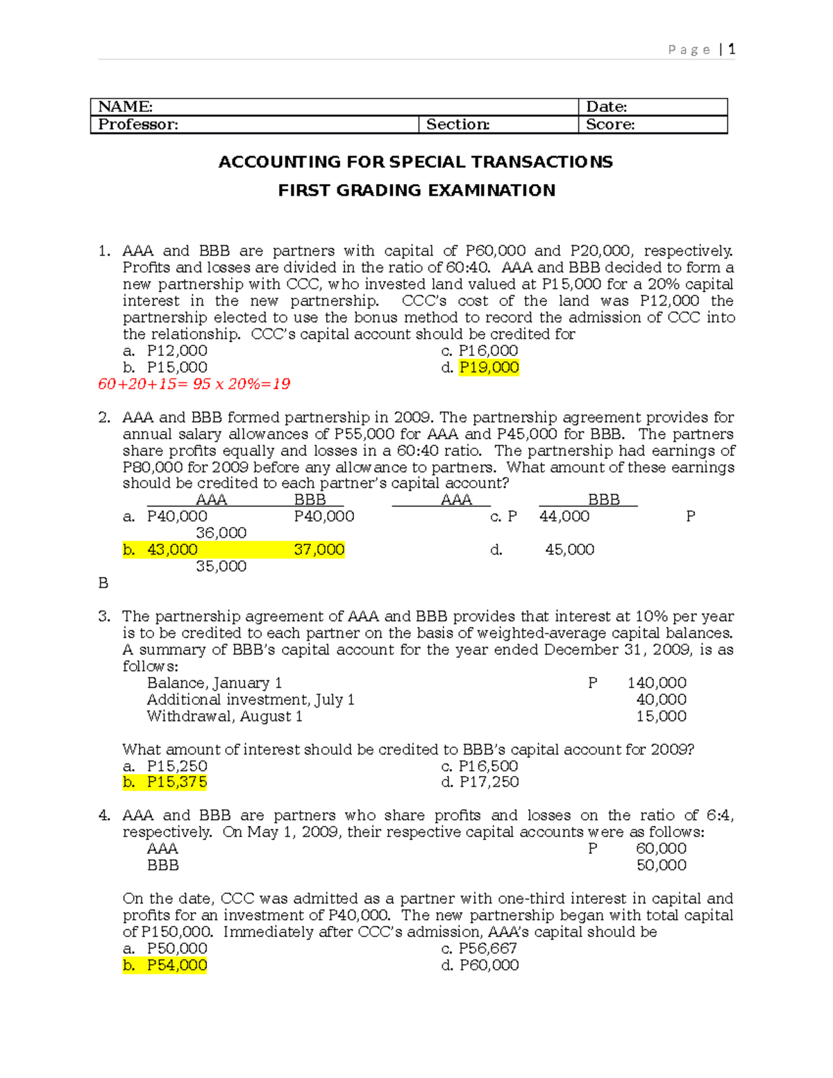 Accounting for Special Transactions - First Grading Exam (ACCT 101 ...