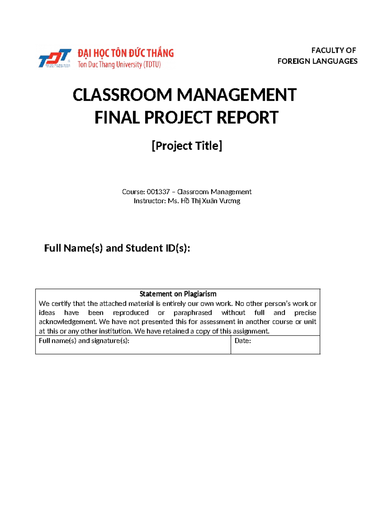 Classroom Management Final Project Report - Course 001337 - Studocu