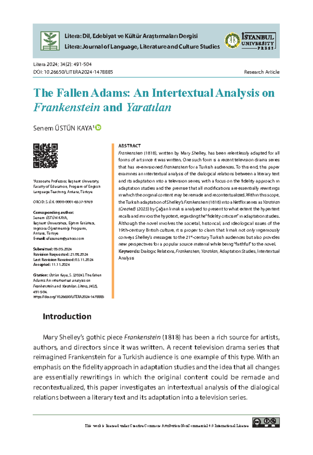 Litera 34(2): Intertextual Analysis of Frankenstein and Yaratılan - Studocu