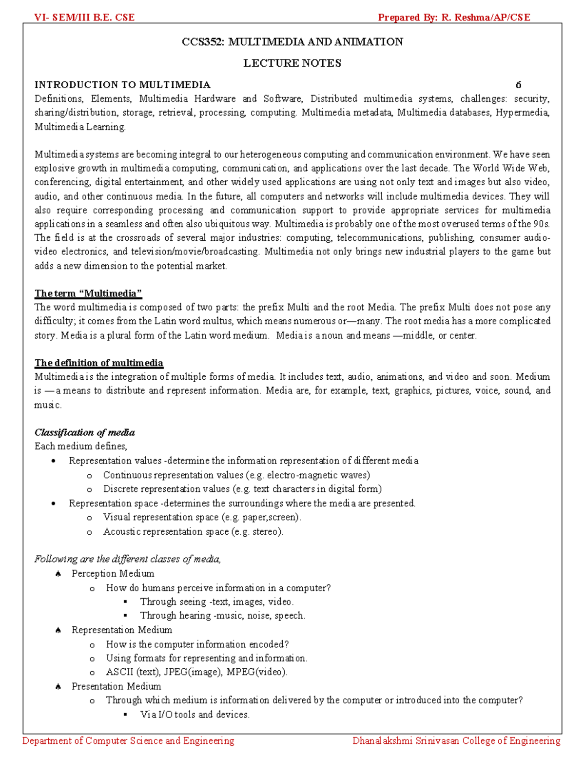 CCS352: Multimedia & Animation Lecture Notes - Key Concepts ...