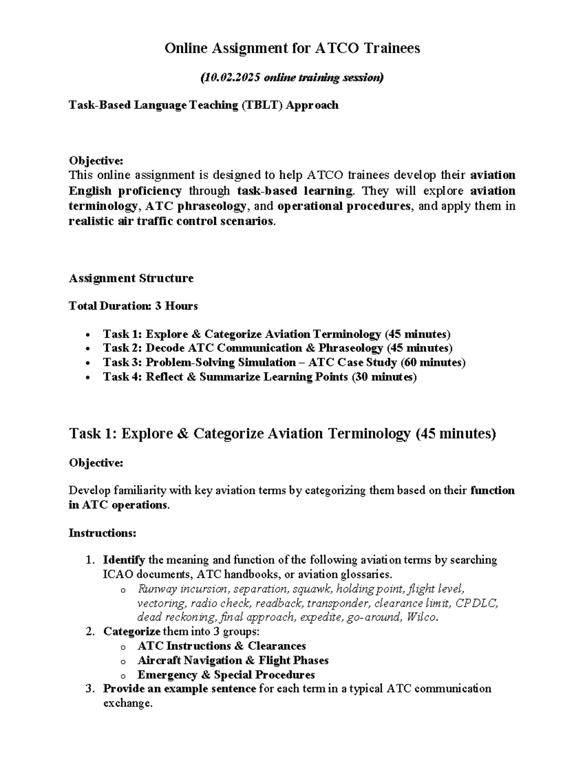Online Assignment: TBLT Approach for ATCO Trainees (10.02.2025) - Studocu