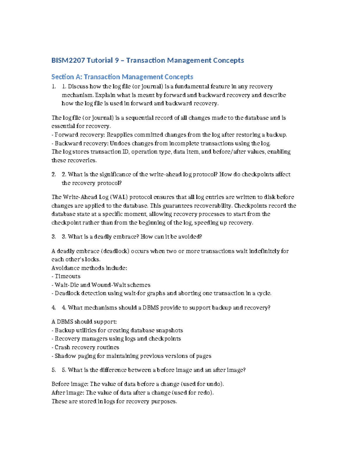 BISM2207 Tutorial 9: Transaction Management Concepts Explained - Studocu