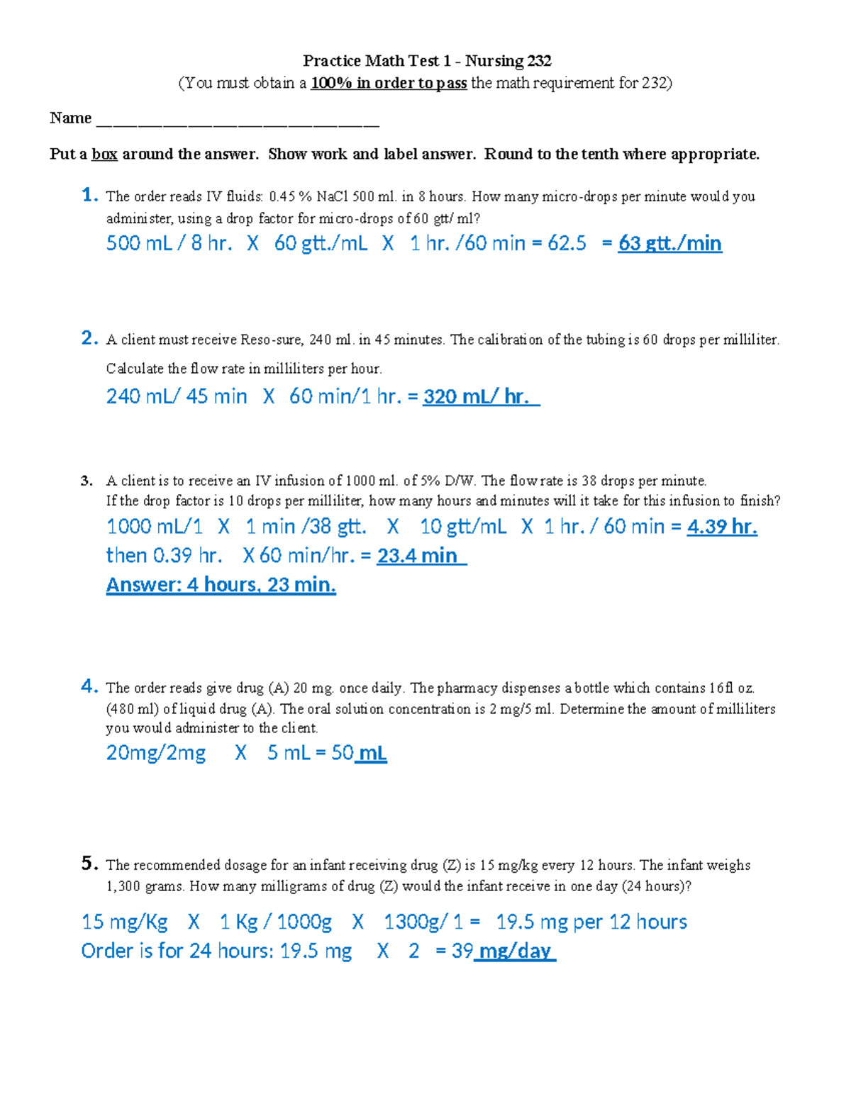 Nursing 232 Practice Math Test 1 Answers and Solutions - Studocu