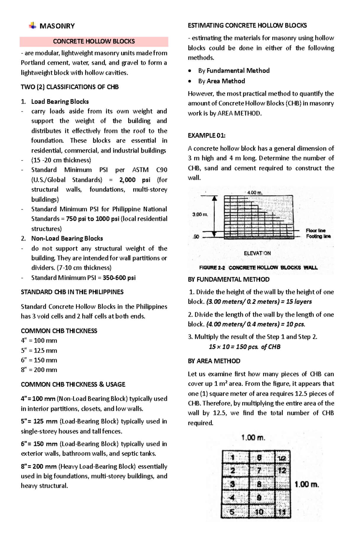 Masonry CHB Estimation Notes for CE 101: Key Concepts & Methods - Studocu